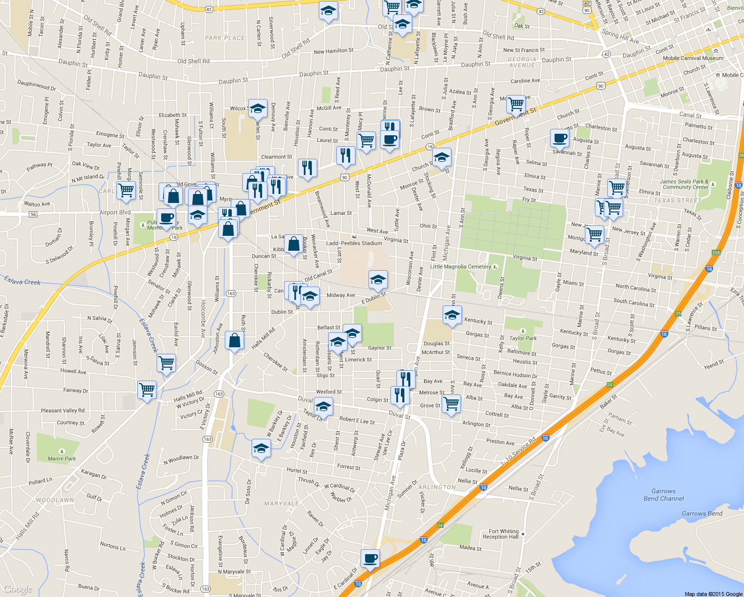 map of restaurants, bars, coffee shops, grocery stores, and more near 1586 East Dublin Street in Mobile