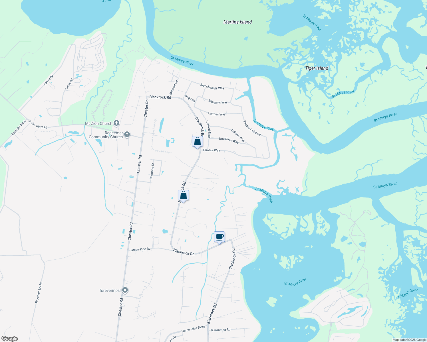 map of restaurants, bars, coffee shops, grocery stores, and more near 97155 Bywater Branch Lane in Yulee