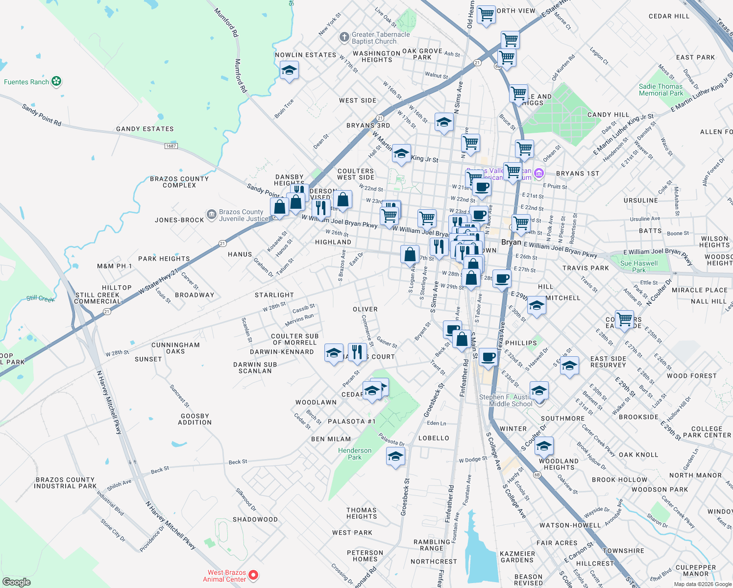 map of restaurants, bars, coffee shops, grocery stores, and more near 604 Holt St in Bryan