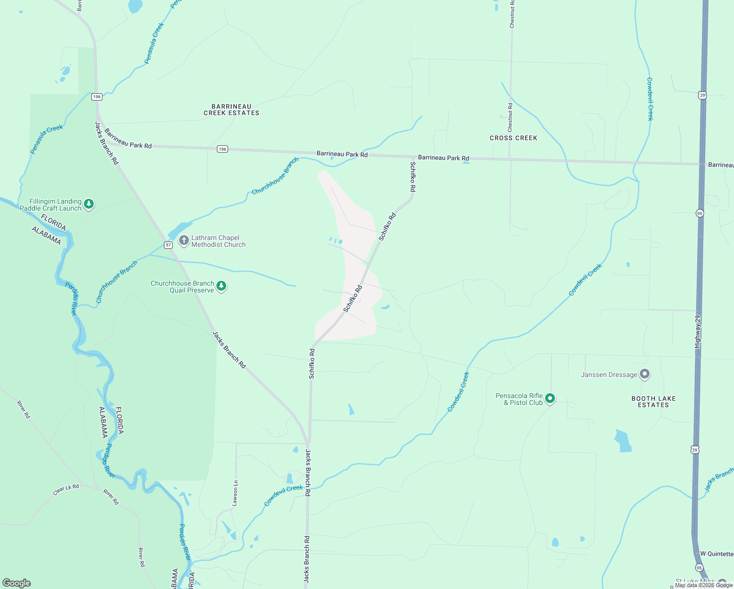 map of restaurants, bars, coffee shops, grocery stores, and more near 3700 Schifko Road in Escambia County