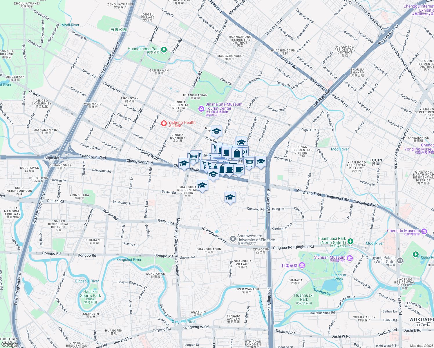 map of restaurants, bars, coffee shops, grocery stores, and more near Qing Jiang Zhong Lu in Cheng Du Shi