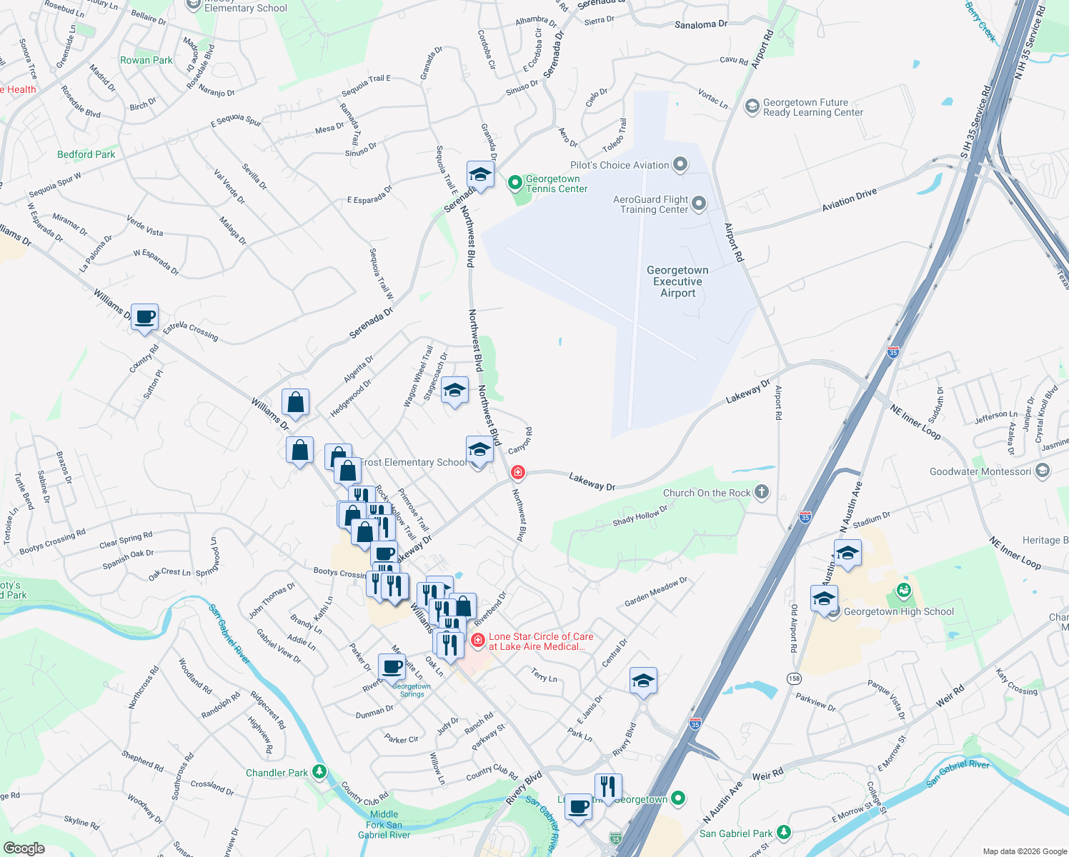 map of restaurants, bars, coffee shops, grocery stores, and more near 120 Canyon Road in Georgetown