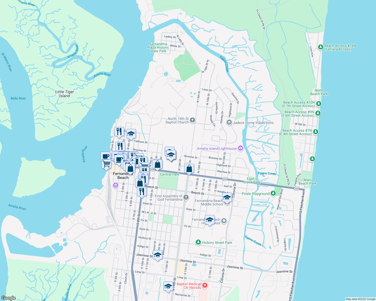 map of restaurants, bars, coffee shops, grocery stores, and more near 226 13th Terrace North in Fernandina Beach
