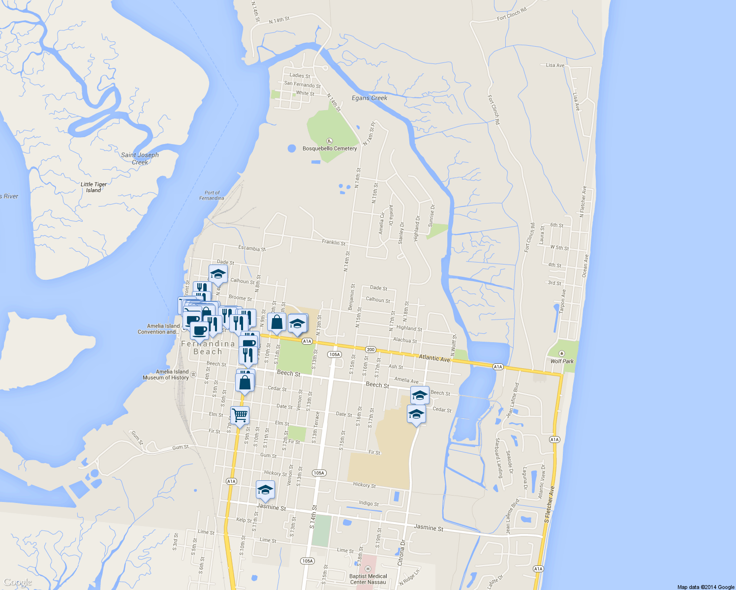 map of restaurants, bars, coffee shops, grocery stores, and more near 1511 Calhoun Street in Fernandina Beach