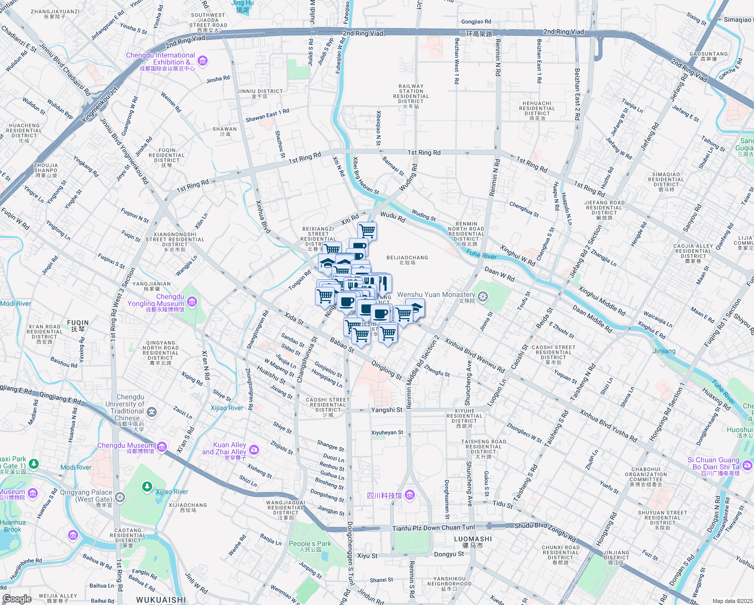 map of restaurants, bars, coffee shops, grocery stores, and more near in Chengdu