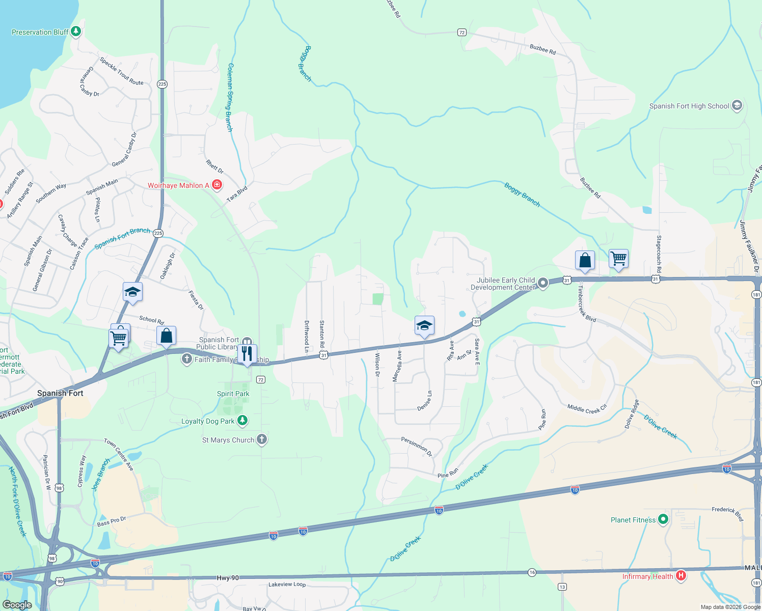 map of restaurants, bars, coffee shops, grocery stores, and more near 60813 Cemetery Rd in Spanish Fort
