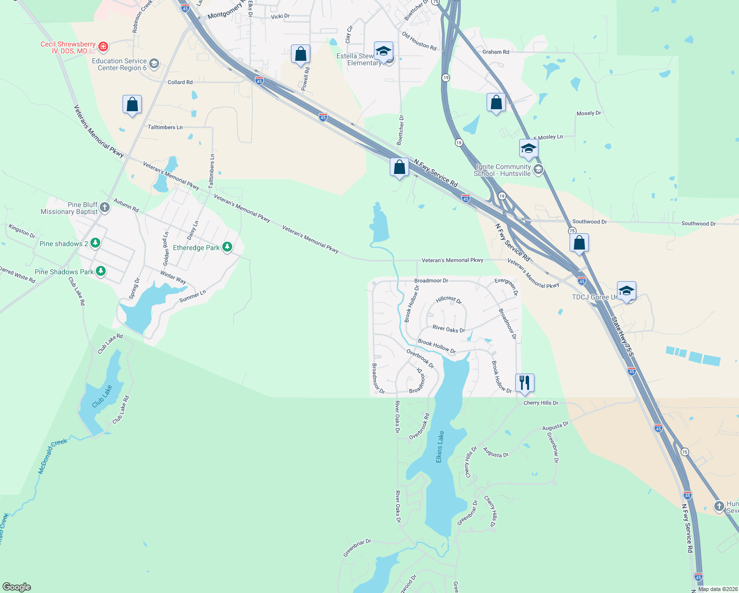 map of restaurants, bars, coffee shops, grocery stores, and more near 251 Broadmoor Drive in Huntsville