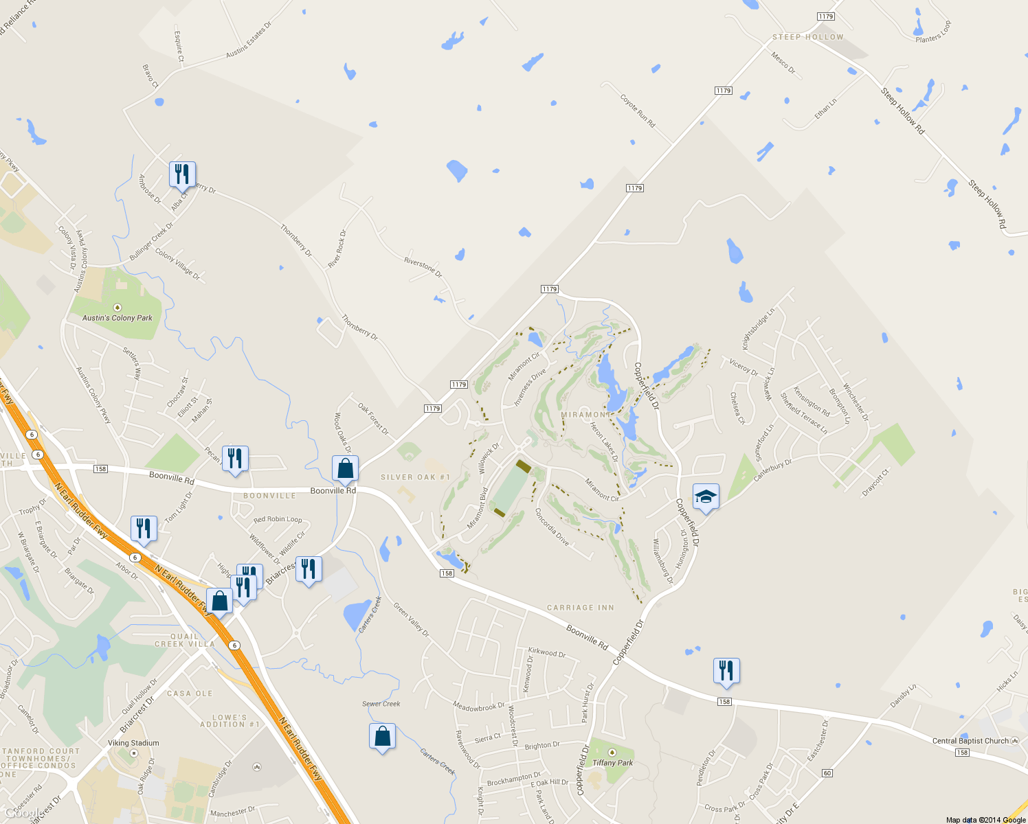 map of restaurants, bars, coffee shops, grocery stores, and more near 5102 Inverness Drive in Bryan
