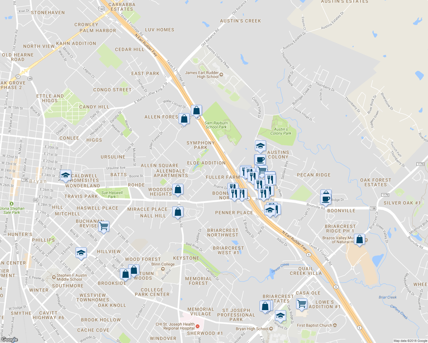 map of restaurants, bars, coffee shops, grocery stores, and more near 2414 Long Drive in Bryan