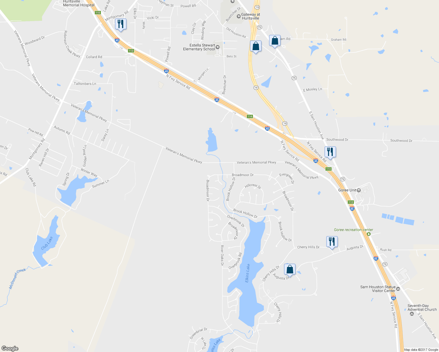 map of restaurants, bars, coffee shops, grocery stores, and more near 302 Inverness Street in Huntsville