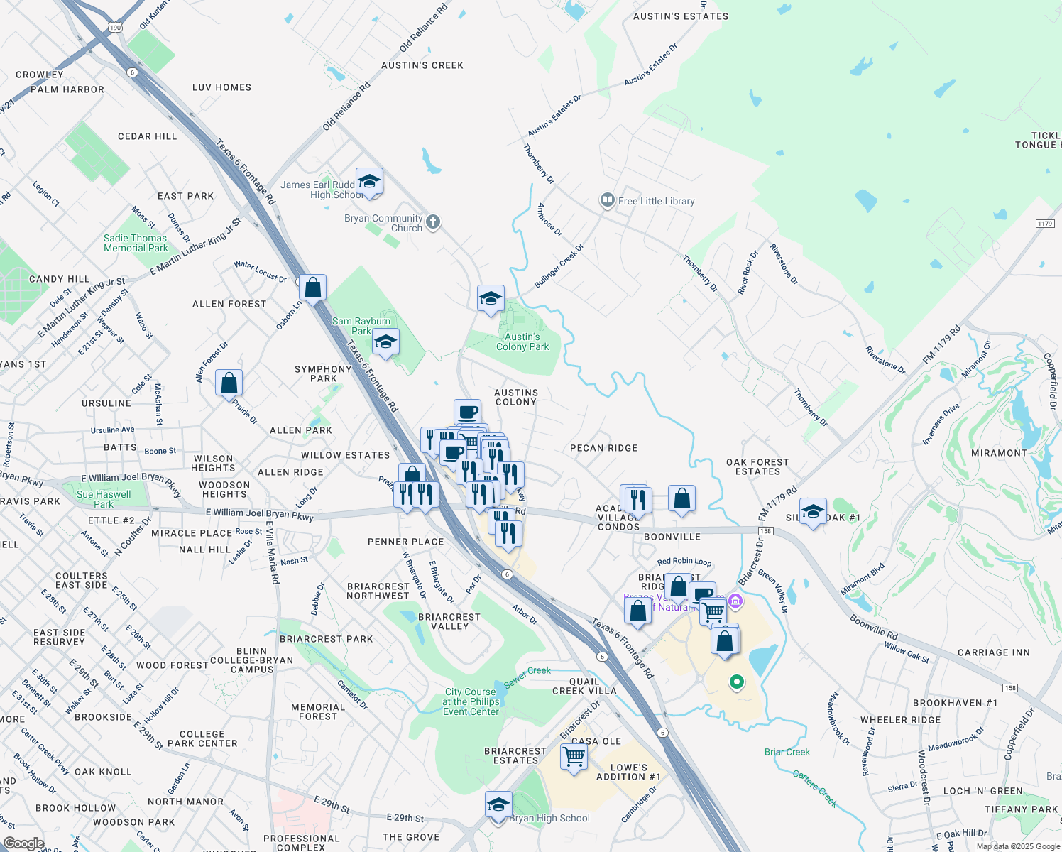 map of restaurants, bars, coffee shops, grocery stores, and more near 2207 Kuykendall Circle in Bryan