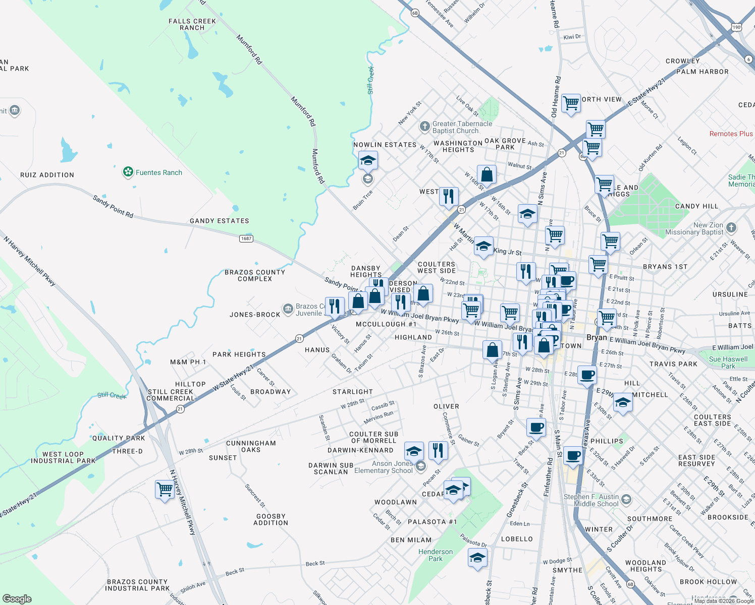 map of restaurants, bars, coffee shops, grocery stores, and more near 104 McCulloch St in Bryan