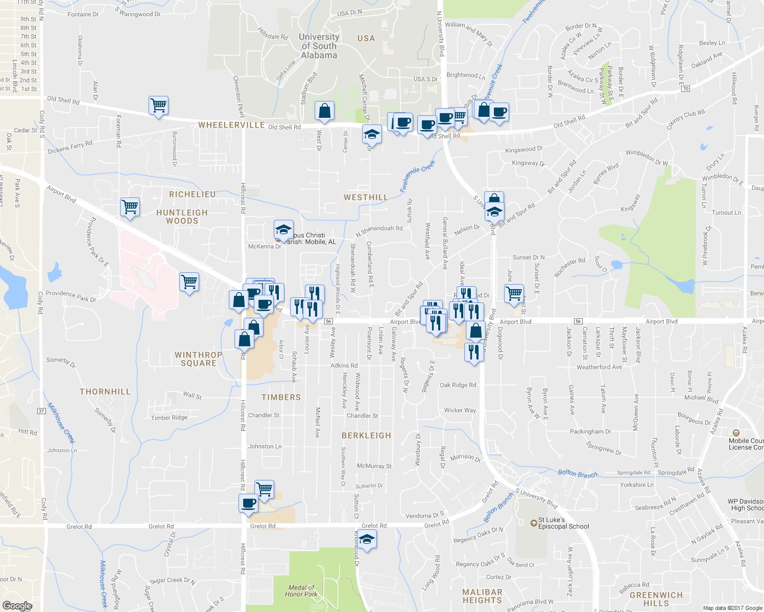 map of restaurants, bars, coffee shops, grocery stores, and more near 5869 Falls Church Road in Mobile