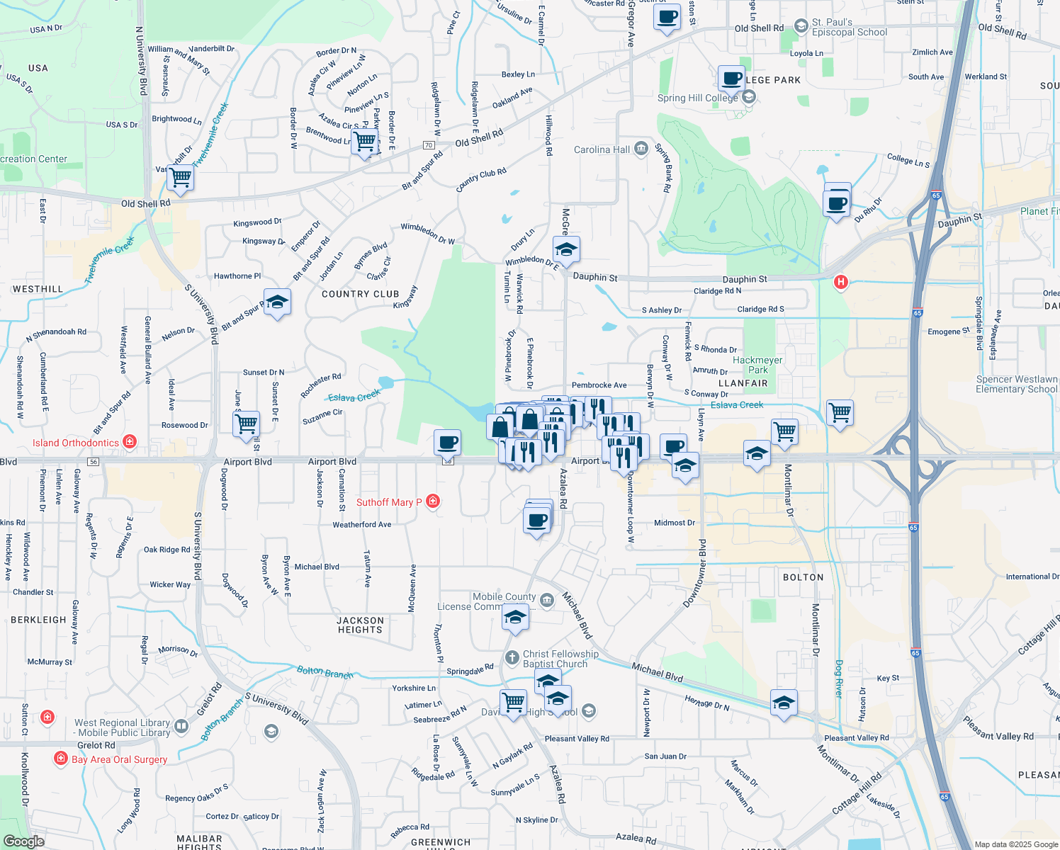 map of restaurants, bars, coffee shops, grocery stores, and more near 3973 Wimbledon Park in Mobile