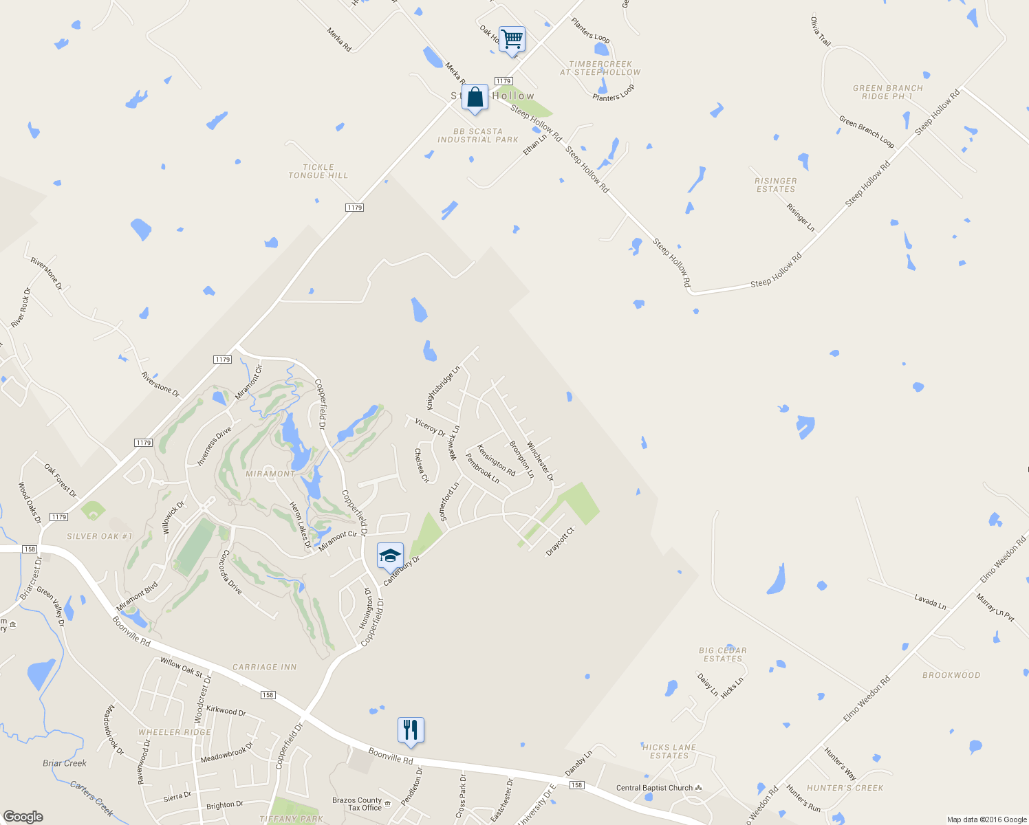 map of restaurants, bars, coffee shops, grocery stores, and more near 6200 Queenslock Circle in Bryan