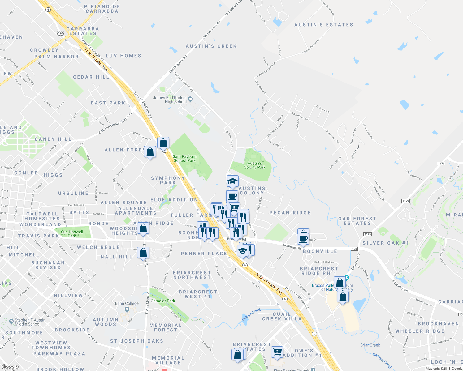 map of restaurants, bars, coffee shops, grocery stores, and more near 3803 Williams Bend in Bryan
