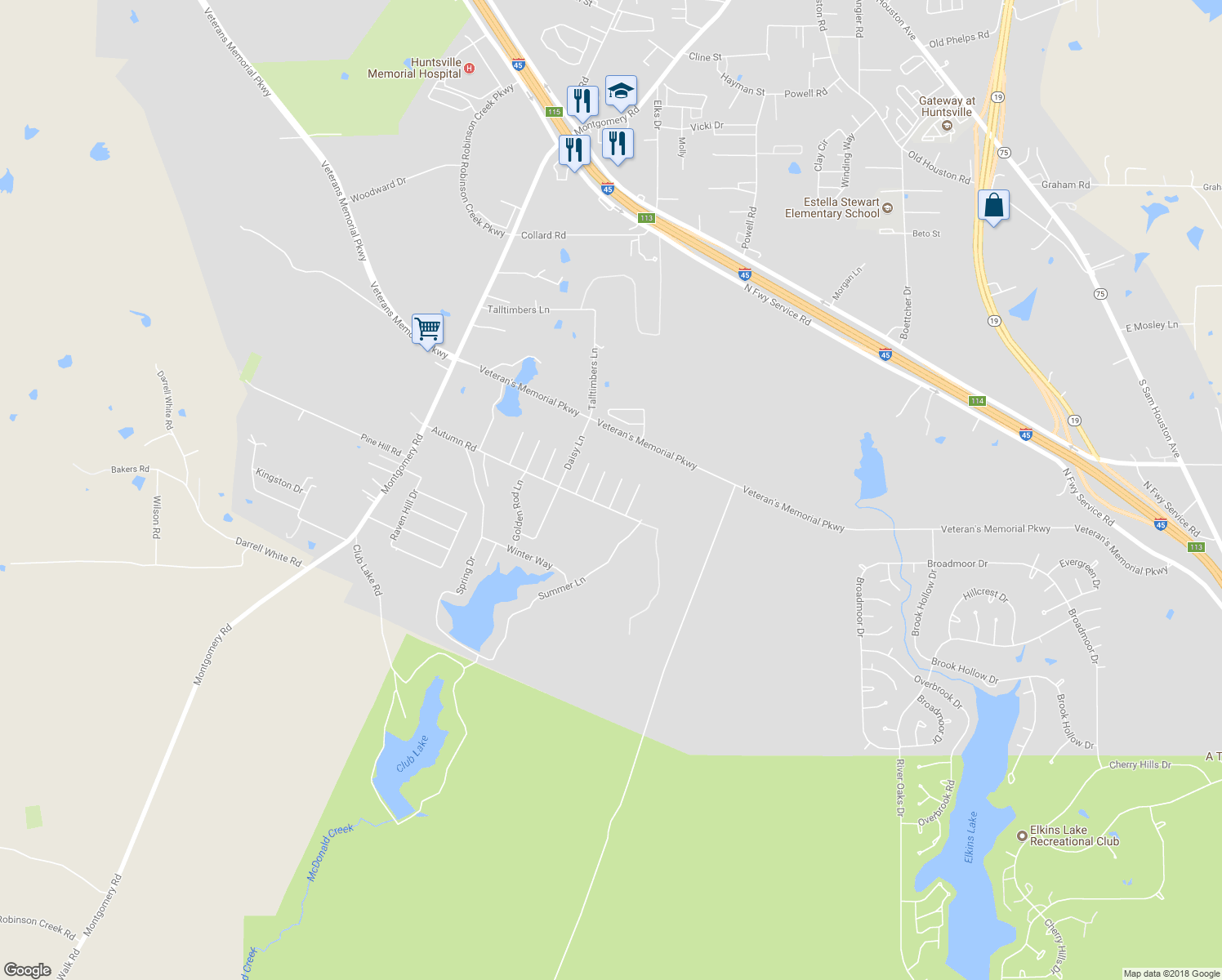 map of restaurants, bars, coffee shops, grocery stores, and more near 3652 Poppy Lane in Huntsville