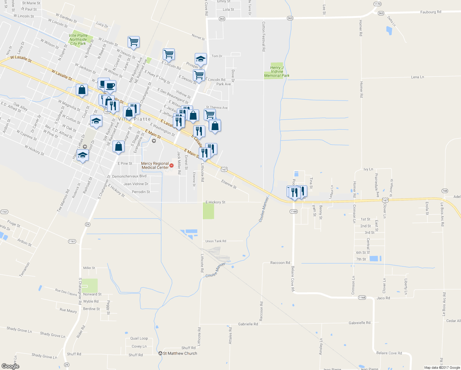map of restaurants, bars, coffee shops, grocery stores, and more near Etienne Street in Ville Platte