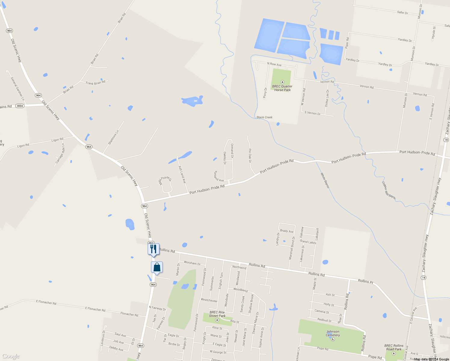 map of restaurants, bars, coffee shops, grocery stores, and more near Ashland Avenue in Zachary