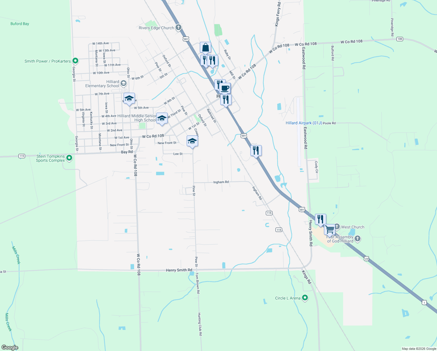 map of restaurants, bars, coffee shops, grocery stores, and more near 37054 South Pine Street in Hilliard