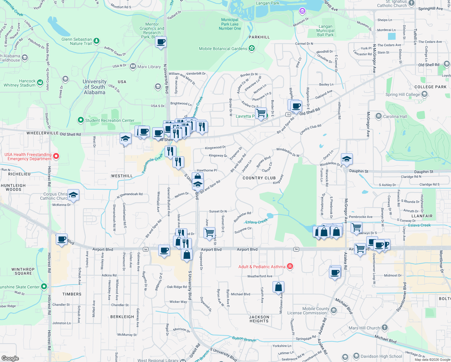 map of restaurants, bars, coffee shops, grocery stores, and more near 4601 Bit and Spur Rd in Mobile
