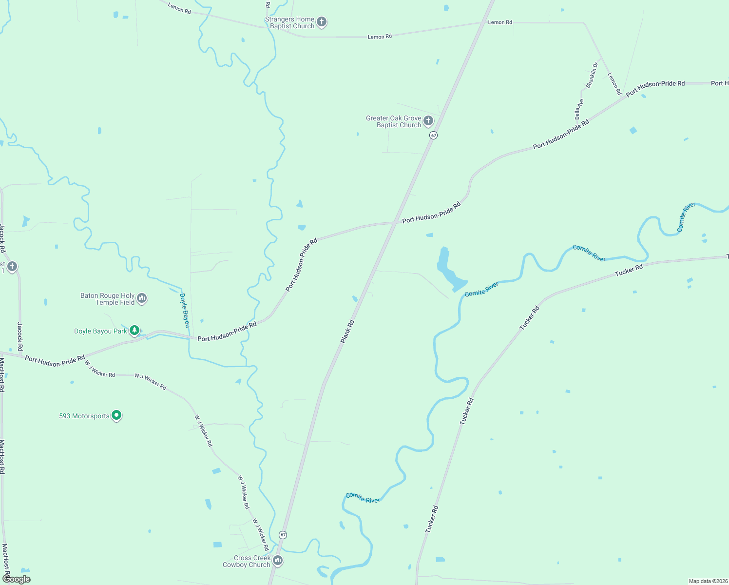 map of restaurants, bars, coffee shops, grocery stores, and more near 22475 Plank Rd in Zachary