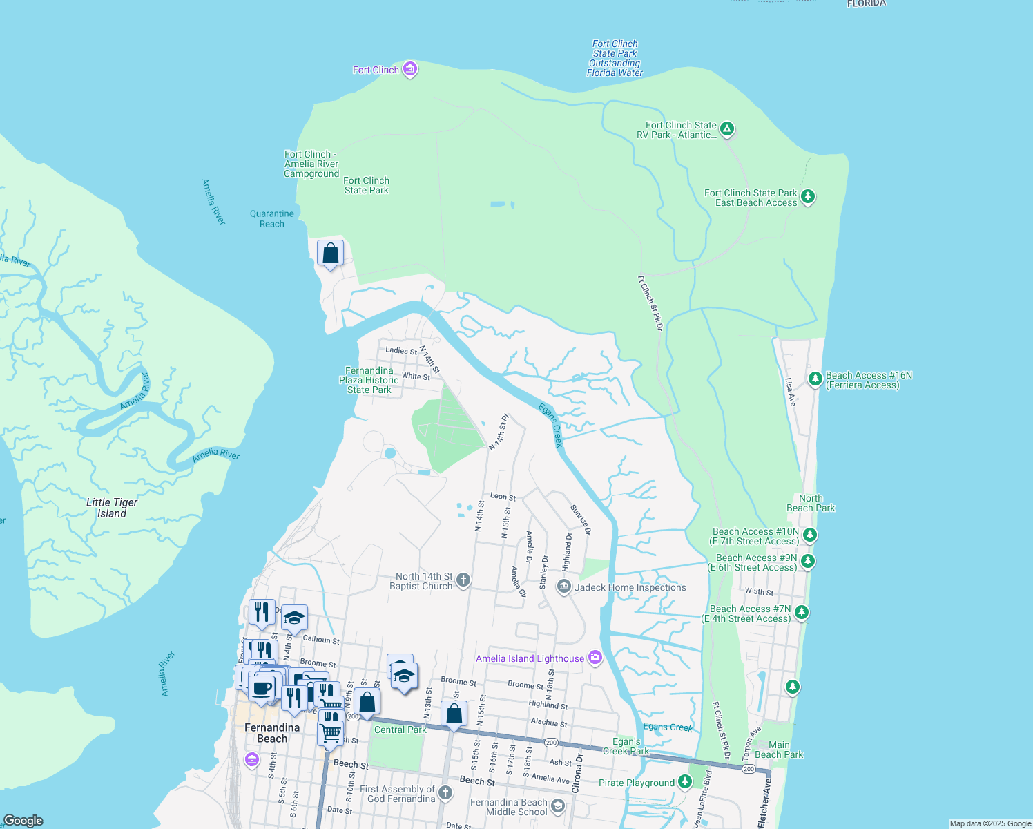 map of restaurants, bars, coffee shops, grocery stores, and more near 1409 Highland Drive in Fernandina Beach