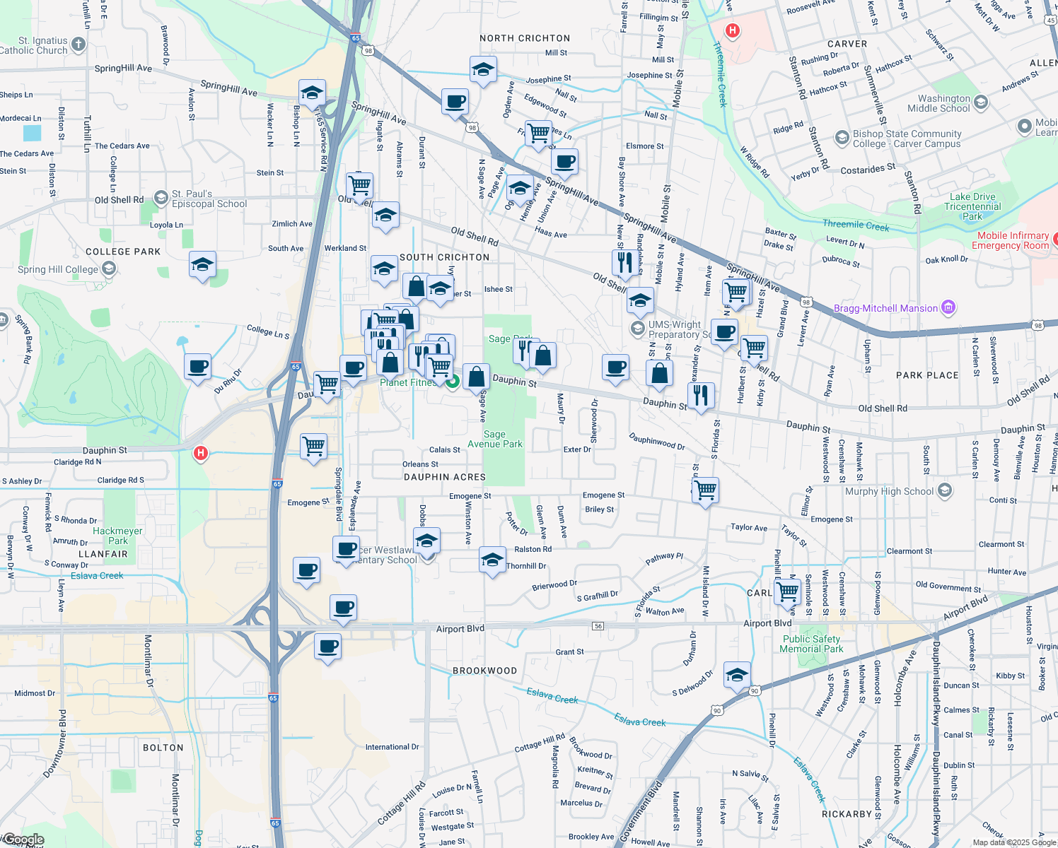 map of restaurants, bars, coffee shops, grocery stores, and more near 30 Lourando Dr in Mobile