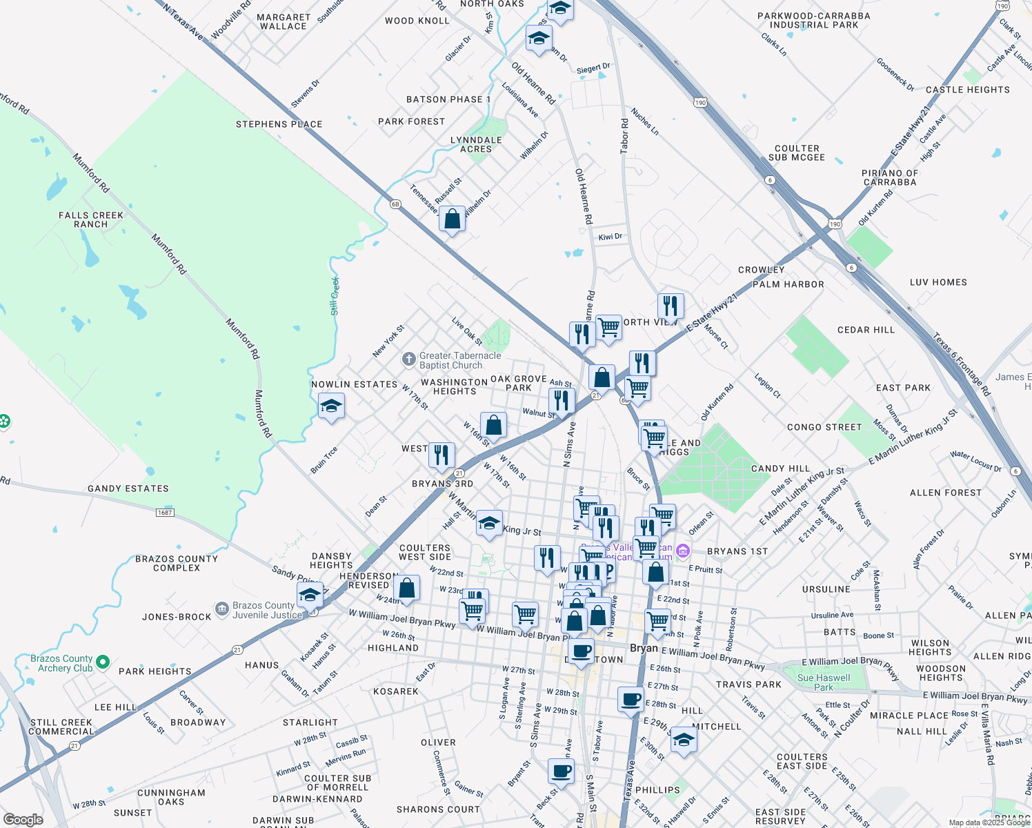 map of restaurants, bars, coffee shops, grocery stores, and more near 701 Walnut St in Bryan