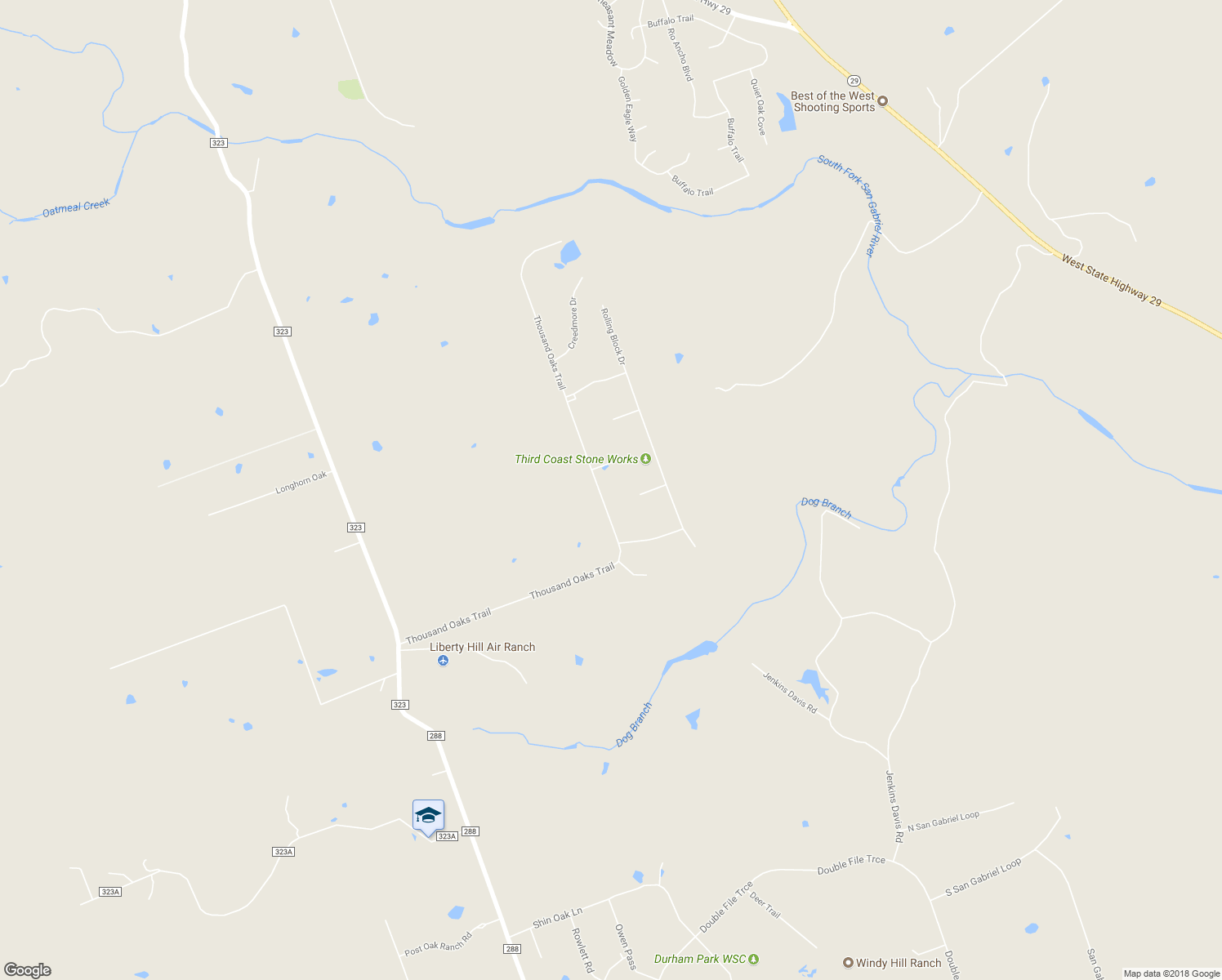 map of restaurants, bars, coffee shops, grocery stores, and more near 925 Thousand Oaks Trail in Liberty Hill