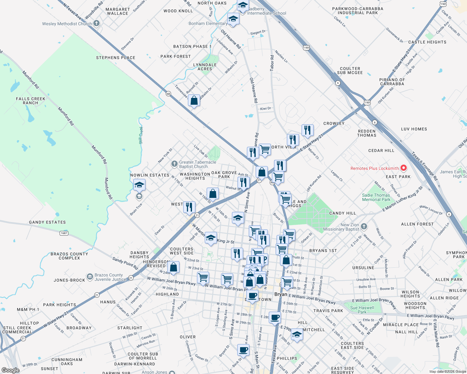 map of restaurants, bars, coffee shops, grocery stores, and more near 508 Walnut St in Bryan
