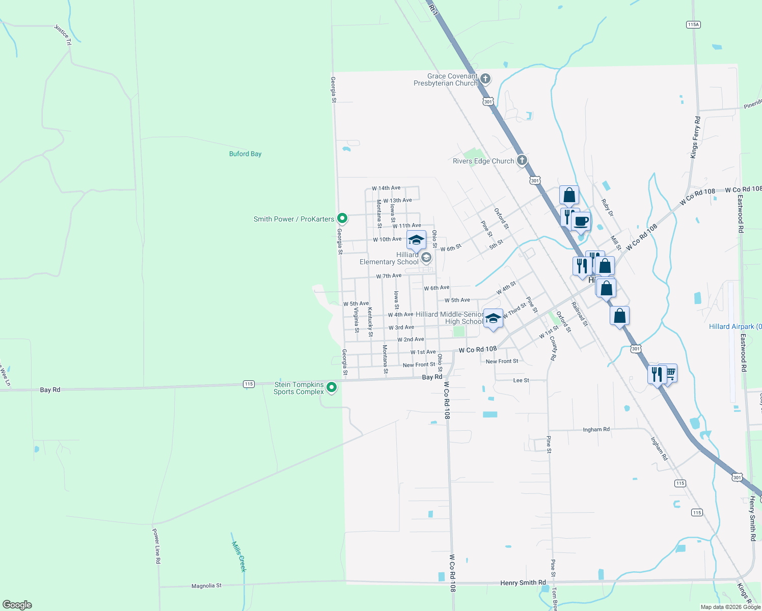 map of restaurants, bars, coffee shops, grocery stores, and more near 27334 Montana Street in Hilliard