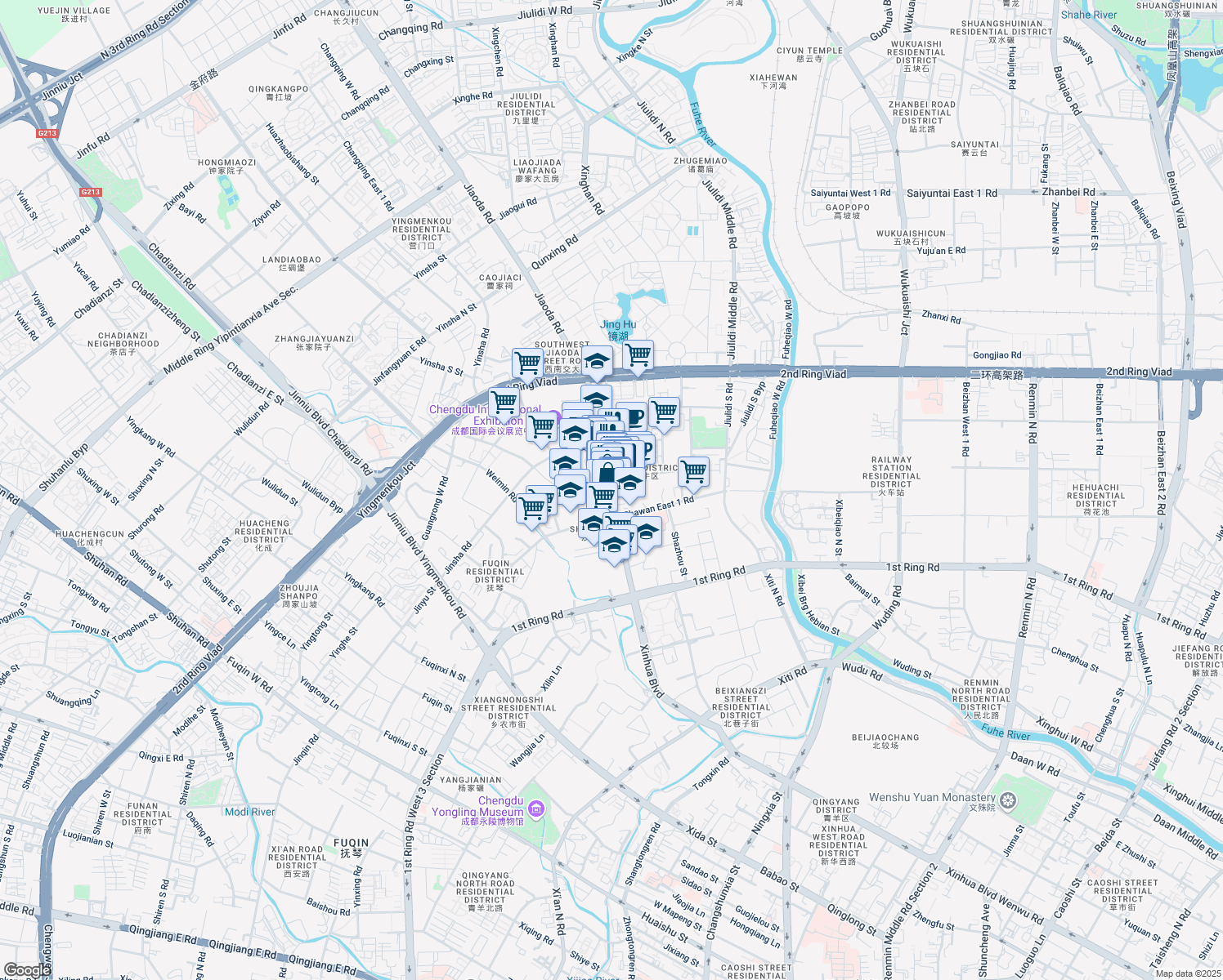 map of restaurants, bars, coffee shops, grocery stores, and more near Shawan Road in Chengdu