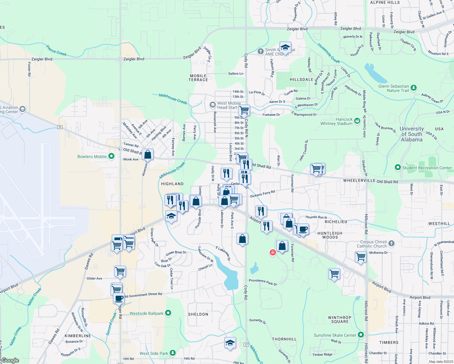 map of restaurants, bars, coffee shops, grocery stores, and more near 7200 Cedar Street in Mobile
