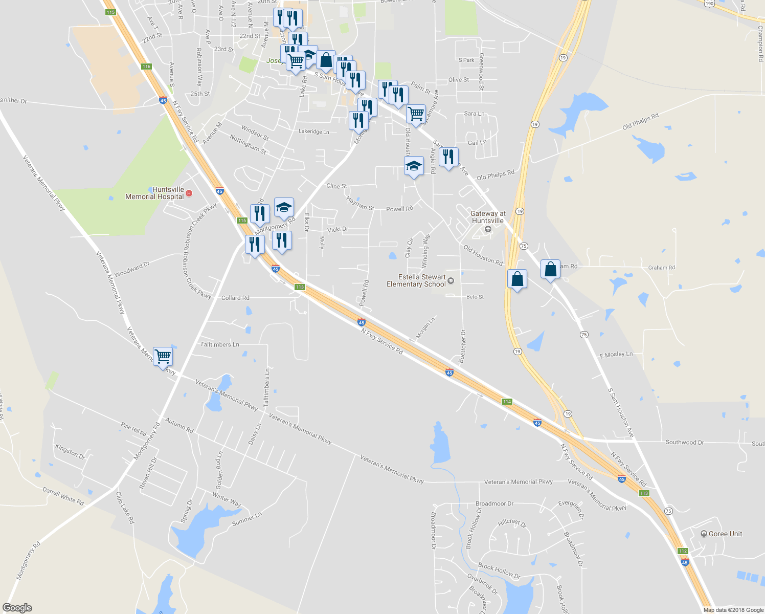 map of restaurants, bars, coffee shops, grocery stores, and more near 730 Interstate 45 in Huntsville