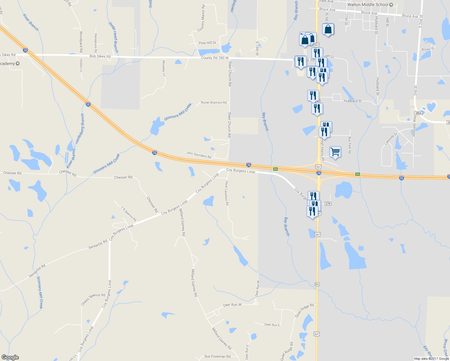 map of restaurants, bars, coffee shops, grocery stores, and more near 34-36 Hall Platation Rd in DeFuniak Springs