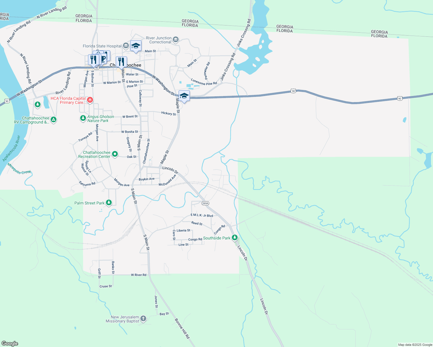 map of restaurants, bars, coffee shops, grocery stores, and more near 521 Branch Street in Chattahoochee