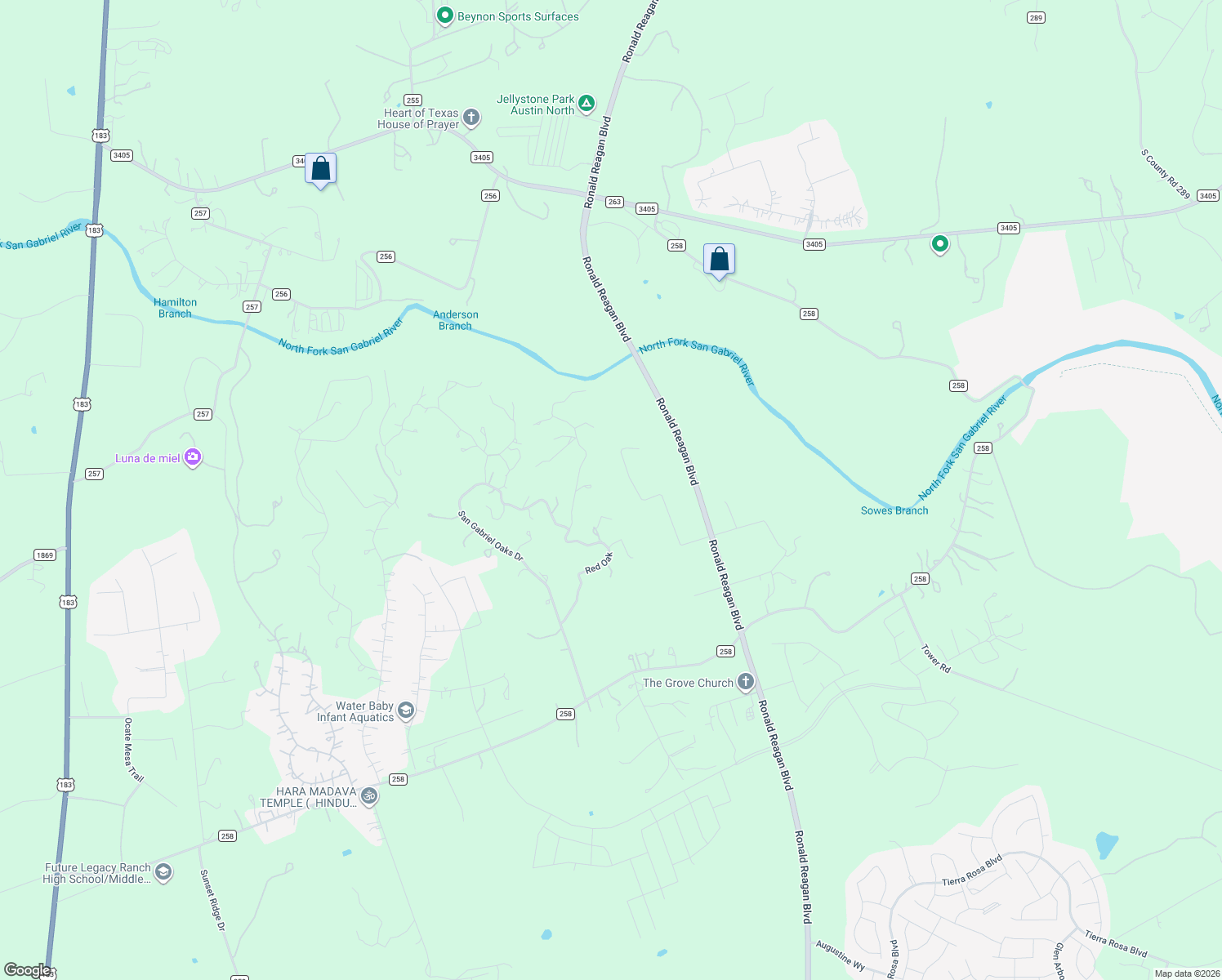 map of restaurants, bars, coffee shops, grocery stores, and more near 600 Red Oak in Liberty Hill