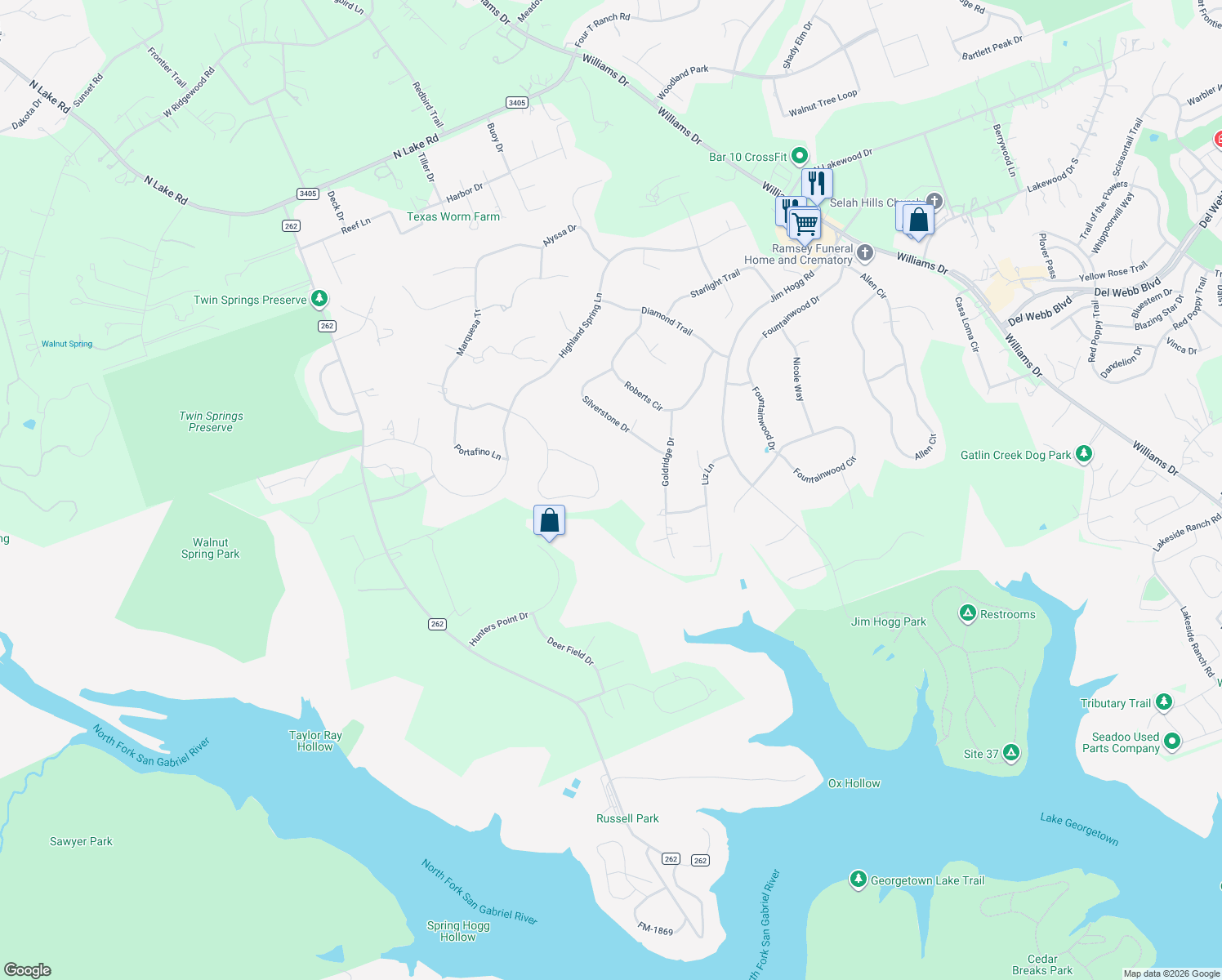 map of restaurants, bars, coffee shops, grocery stores, and more near 234 Whispering Spring Lane in Georgetown