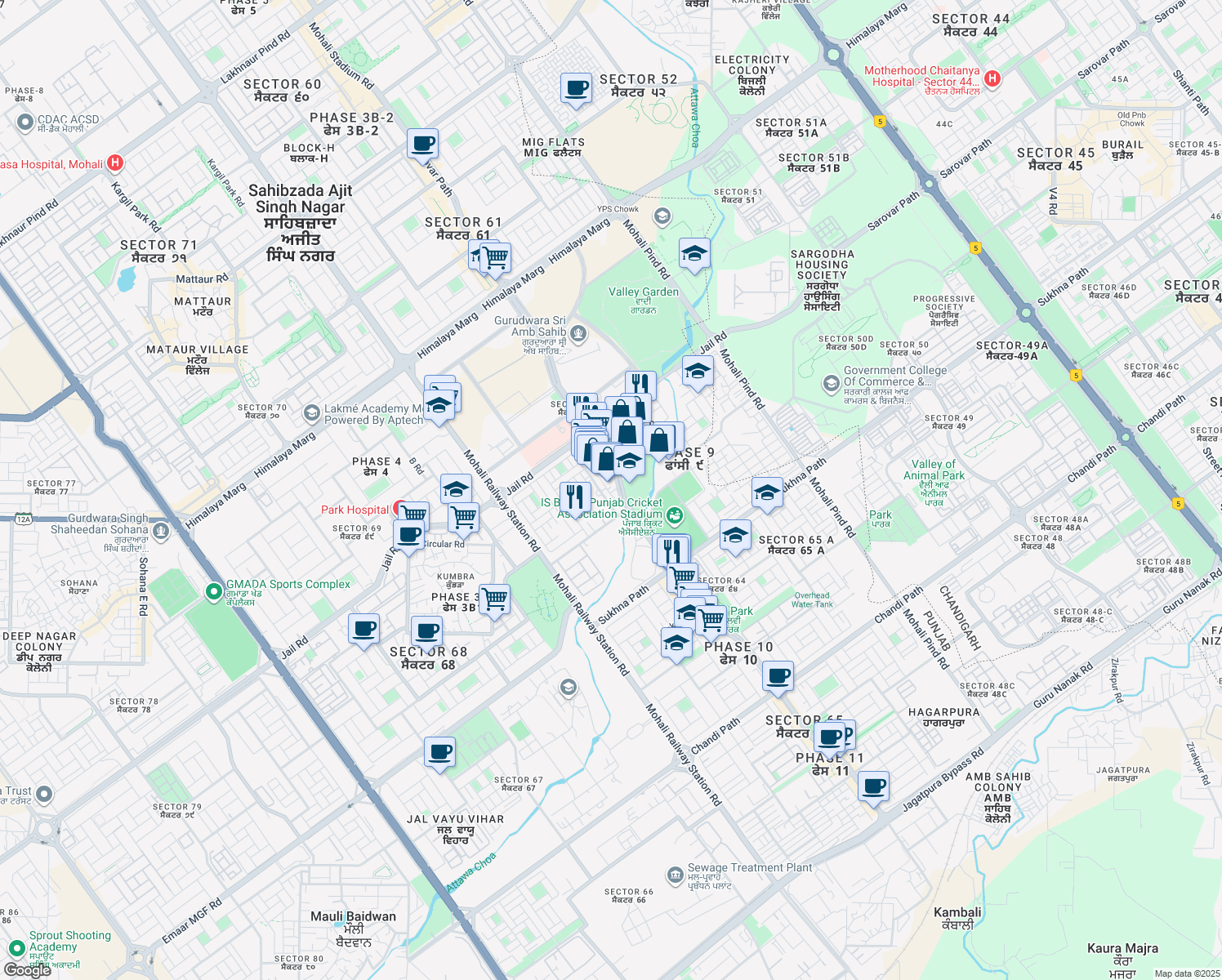 map of restaurants, bars, coffee shops, grocery stores, and more near 4 Mohali Stadium Road in Sahibzada Ajit Singh Nagar