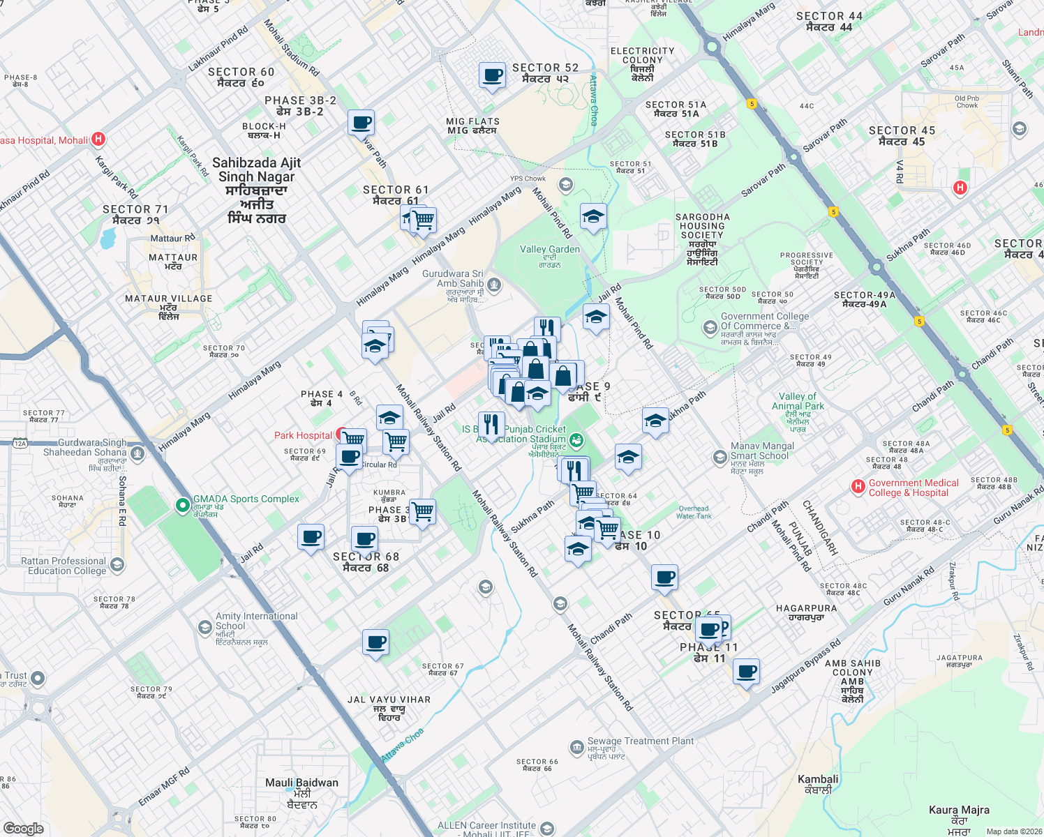 map of restaurants, bars, coffee shops, grocery stores, and more near 4 Mohali Stadium Road in Sahibzada Ajit Singh Nagar