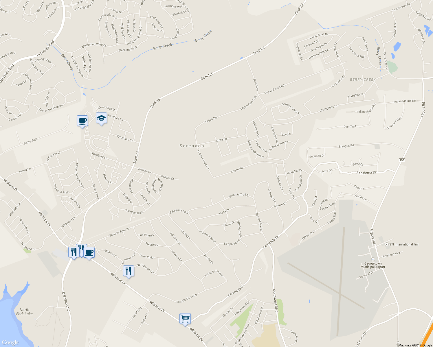 map of restaurants, bars, coffee shops, grocery stores, and more near 176 Logan Ranch Road in Georgetown