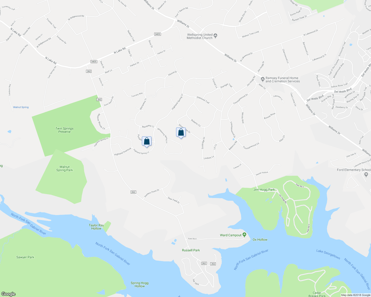 map of restaurants, bars, coffee shops, grocery stores, and more near 234 Whispering Spring Lane in Georgetown