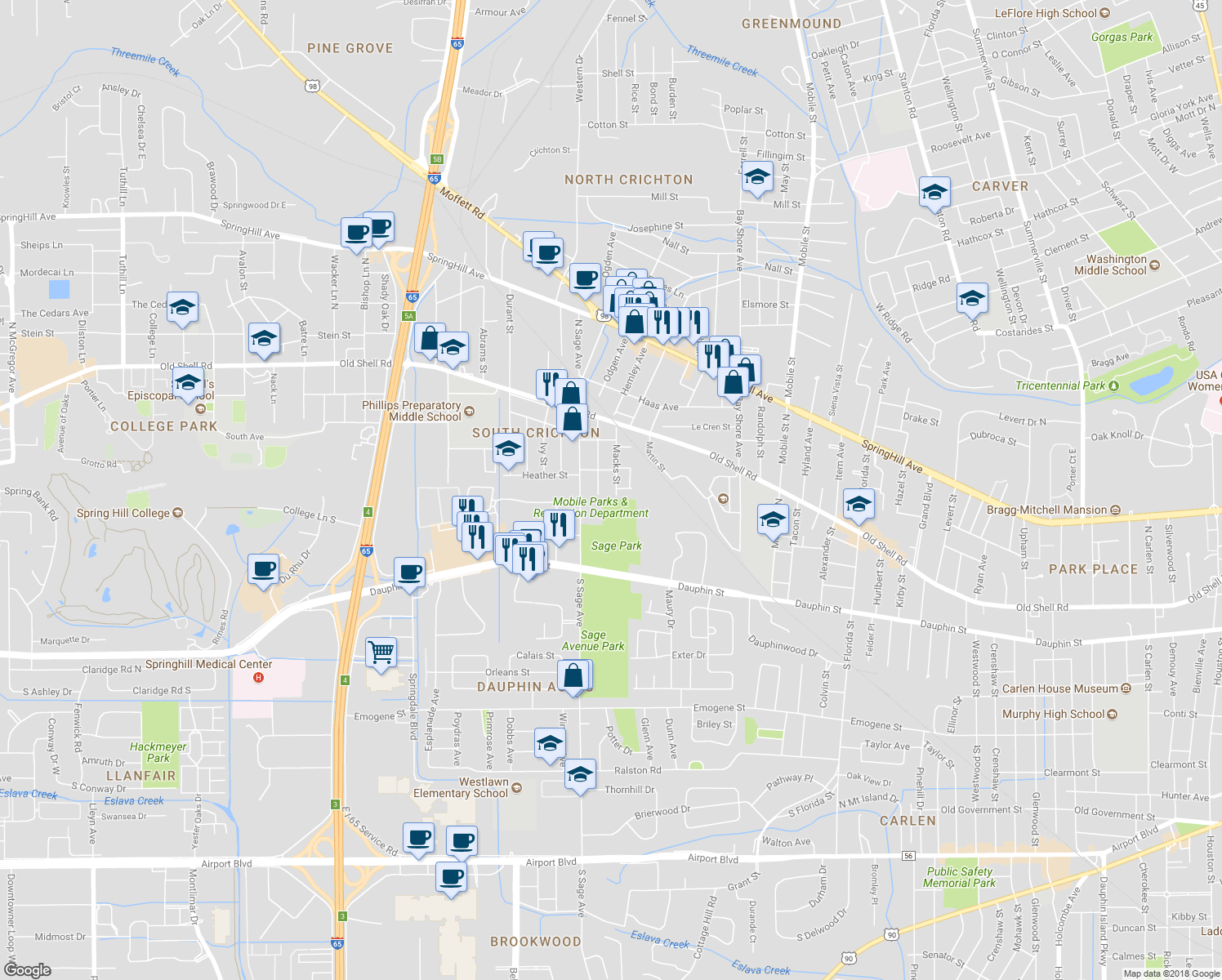 map of restaurants, bars, coffee shops, grocery stores, and more near 55 Macks St in Mobile