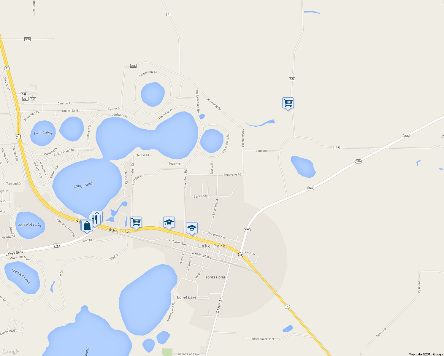 map of restaurants, bars, coffee shops, grocery stores, and more near 505 Sheavette Road in Lake Park