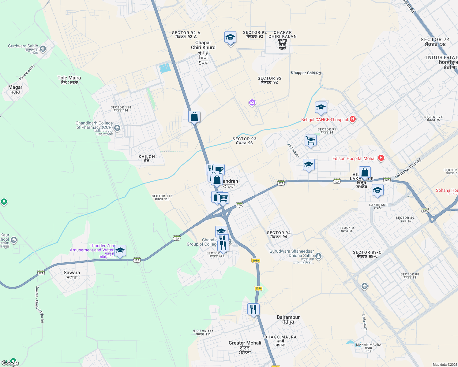 map of restaurants, bars, coffee shops, grocery stores, and more near in Landran