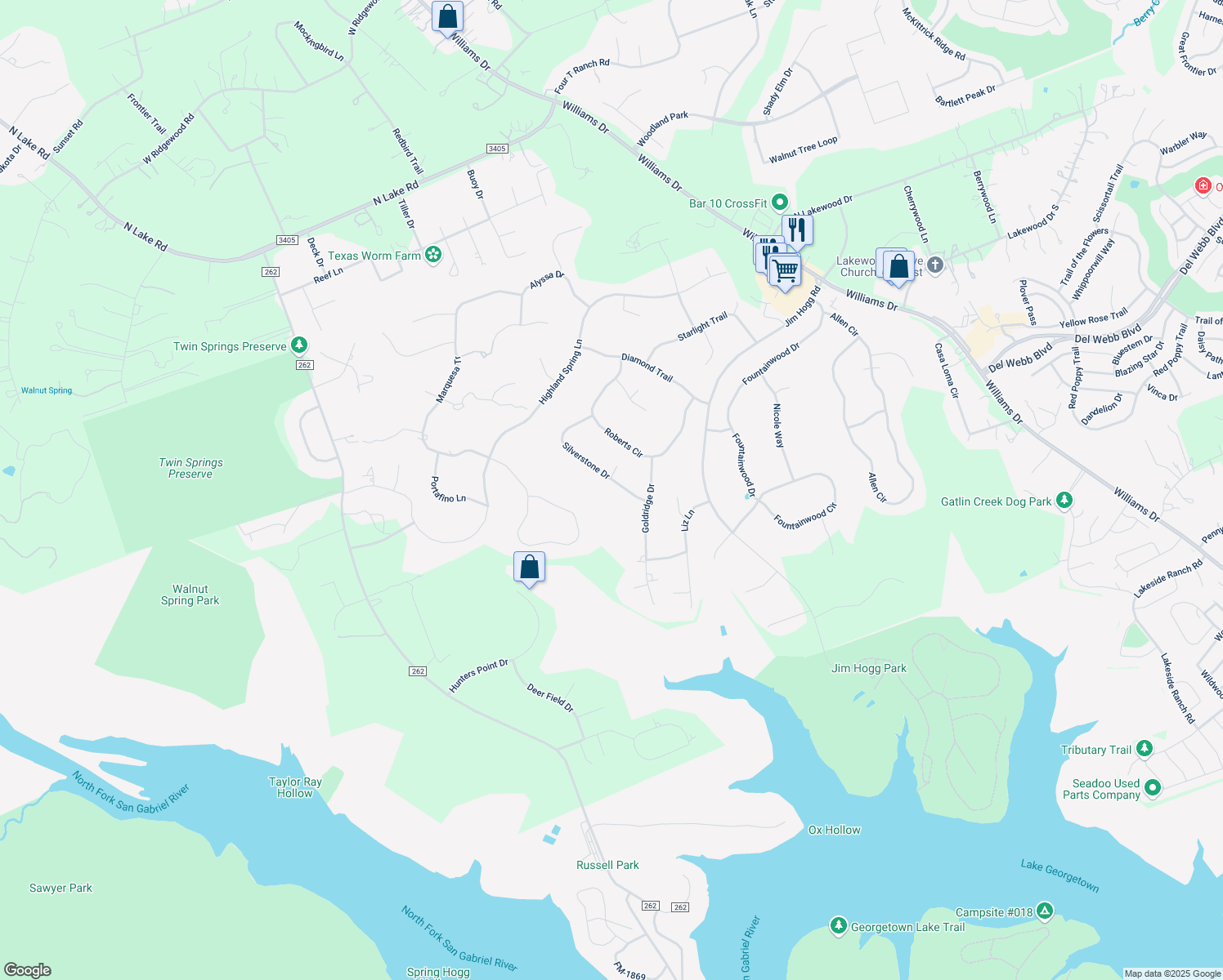 map of restaurants, bars, coffee shops, grocery stores, and more near 118 Silverstone in Georgetown