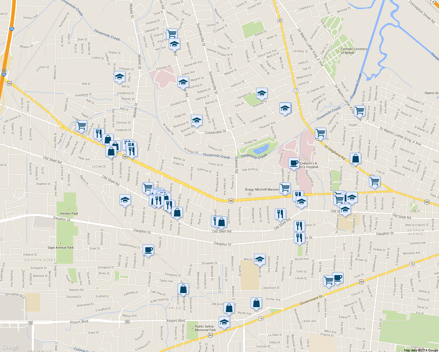 map of restaurants, bars, coffee shops, grocery stores, and more near 276 Woodlands Avenue in Mobile