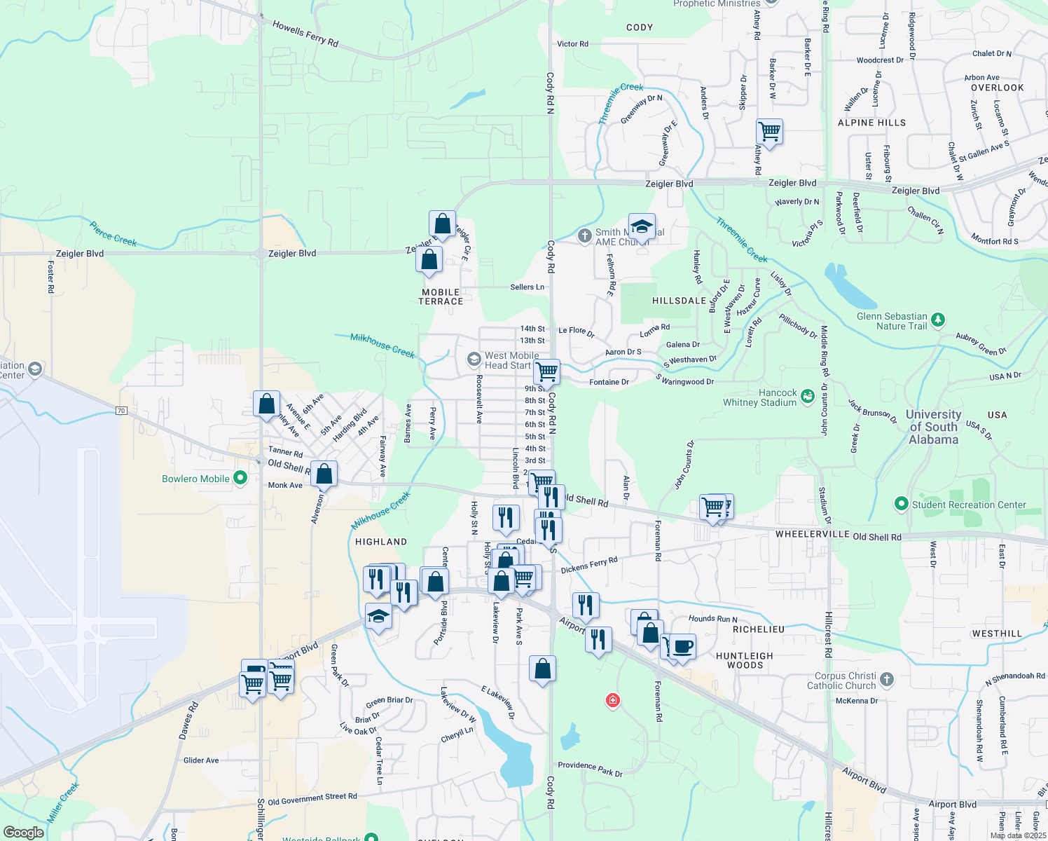 map of restaurants, bars, coffee shops, grocery stores, and more near 7164 6th Street in Mobile