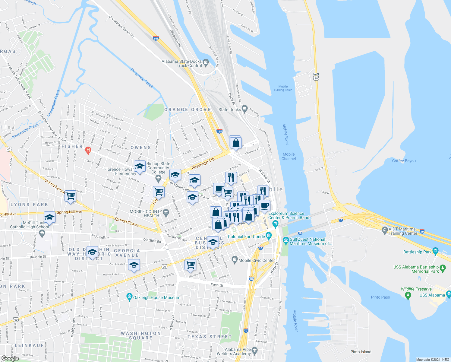 map of restaurants, bars, coffee shops, grocery stores, and more near Congress St in Mobile